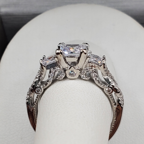 Three Stone Princess Cut Diamond Silver Tone Ring - Picture 5 of 6